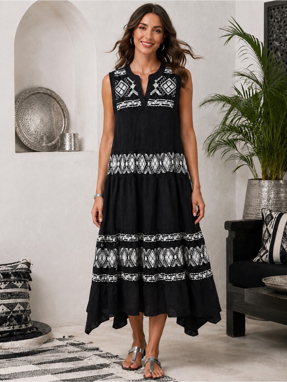 Chico's Black Sleeveless Embroidered Tiered Midi Dress Size 14
